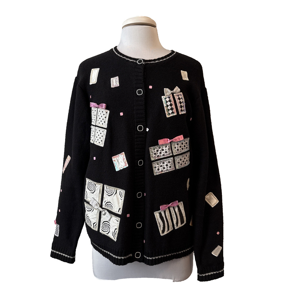Vtg Karen Scott Women's Petite XL‎ Pink Bow Beaded Christmas Cardigan Coquette